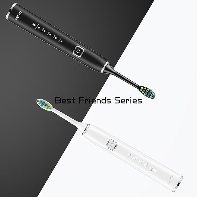 7AM2M Sonic Electric Toothbrush with 6 Brush Heads for Adults and Kids One Charge for 90 Days Wireless Fast Charge 5 Modes with 2 Minutes Built in Smart Timer Electric Toothbrushes (Black&ampWhit