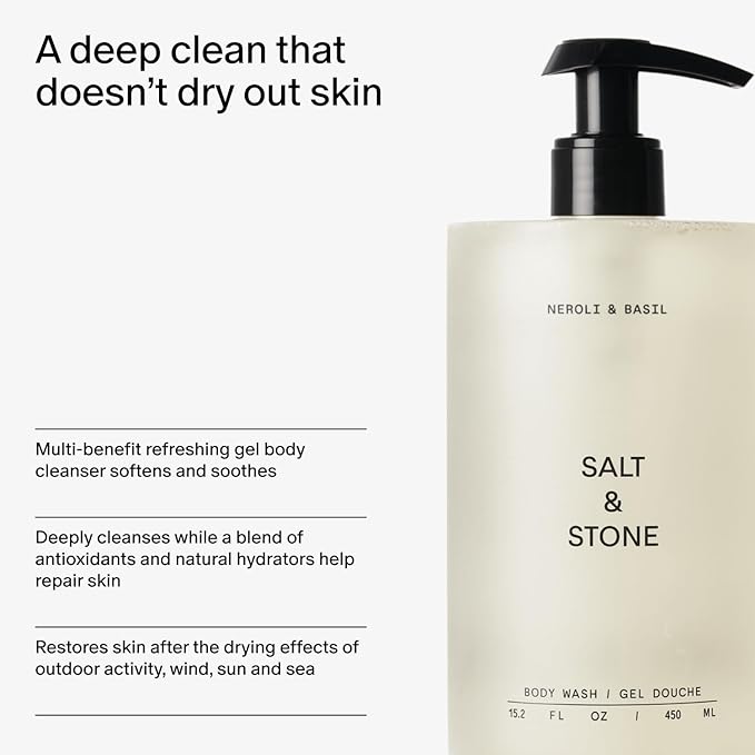 Salt &amp Stone Body Wash with Antioxidants for Deep Moisture | For Women &amp Men Sulfate Paraben &amp Dye Free Leaving Skin Soft and Hydrated | Neroli &amp Basil 15.2 fl oz
