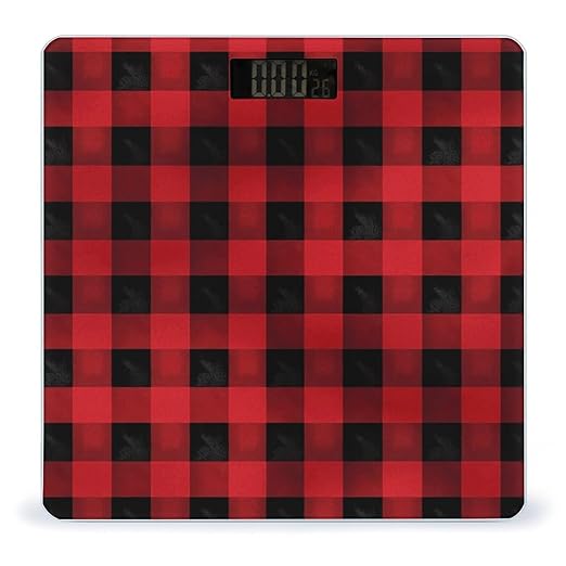 Red Black Buffalo Check Plaid Pattern Weight ScaleClear LED Display Bathroom Digital Weighing ScaleTempered Glass Digital Bathroom Scale for Body Weight Capacity Up to 400 Lbs