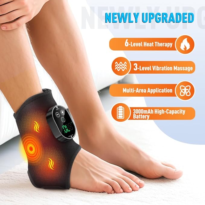 Wearable Ankle Massager with Heat &amp Vibration Cordless Heated Ankle Wrap for Ankle and Foot Comfort Adjustable Heat Levels Rechargeable Single Black