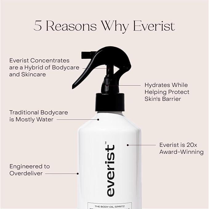 Everist Body Oil Spritz – Waterless Vitamin-Infused Dry Body Oil with Vitamin C &amp E Lightweight Fast-Absorbing Spray for Glowing Skin – Shower-Safe Aluminum Bottle 6.1 fl oz
