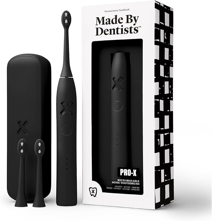 Made by Dentists PRO‑X Sonic Electric Toothbrush for Adults – Dentist‑Designed Whitening Rechargeable Toothbrush 9 x More Plaque Removal 70 Day Battery 3 Modes Travel Case &amp Extra Heads Black