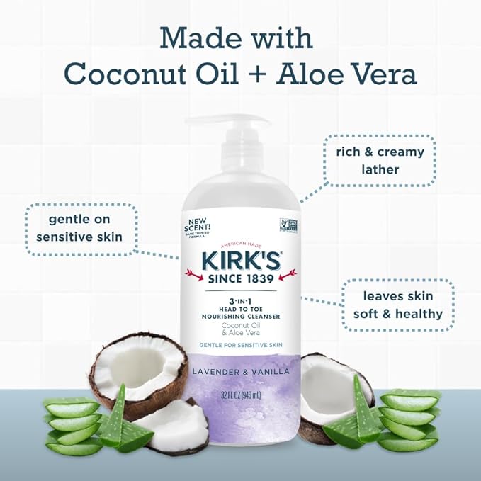 Kirk's 3-in-1 Head to Toe Nourishing Liquid Cleanser- for Men Women &amp Children - Premium Coconut Oil &amp Aloe Vera- Non GMO &amp Vegan - Lavender and Vanilla - 32 Fl Oz. - 2 Pack