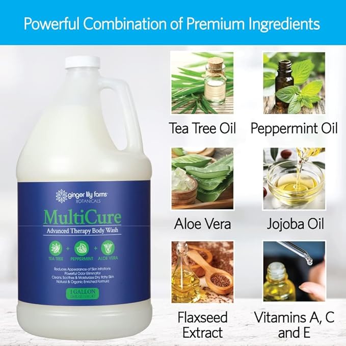 Ginger Lily Farms Botanicals MultiCure Advanced Therapy Body Wash with Tea Tree Oil Peppermint and Aloe Vera 100% Vegan &amp Cruelty-Free 1 Gallon (Pack of 4)