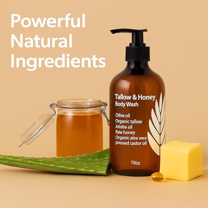 Tallow and Honey Body Wash Tallow Infused Body Wash with Organic Honey with Tallow Vitamin E &amp Aloe Grass-Fed Tallow - Soothes Dry for Men &amp Women - 10 Oz (1)