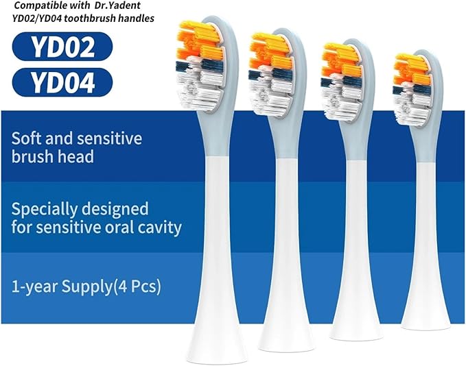Compatible Dr.Yadent YD02/04 Replacement Brush Heads 4pcs/Pack Soft Gel Coated Designed for Sensitive Gum Care Bristle 1 Year Supply(HYSTx16)