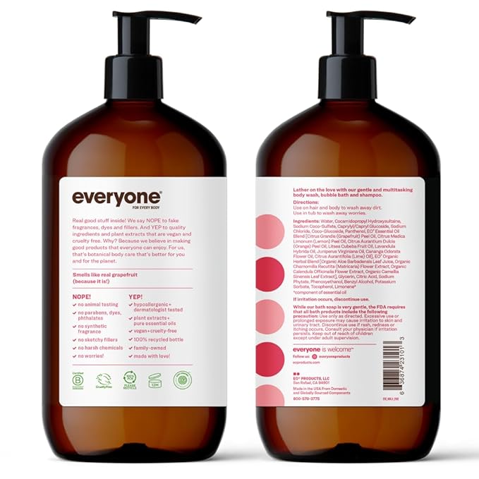 Everyone 3-in-1 Soap Body Wash Bubble Bath Shampoo 32 Ounce (Pack of 2) Ruby Grapefruit made with Essential Oils for Men and Women