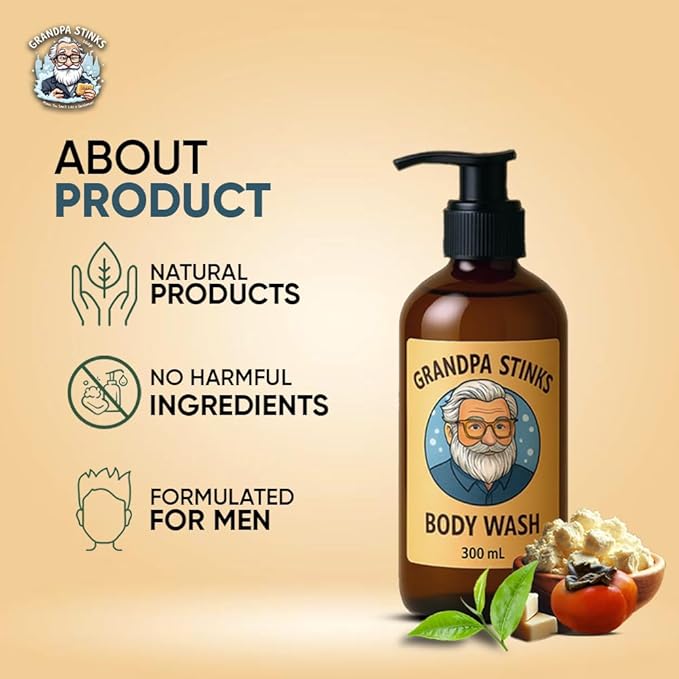 Grandpa Stinks® Body Wash – Persimmon &amp Green Tea Deodorizing Cleanser – Natural Odor Eliminator for Men – Hydrating Daily Shower Gel with Shea Butter – 10.14 fl oz