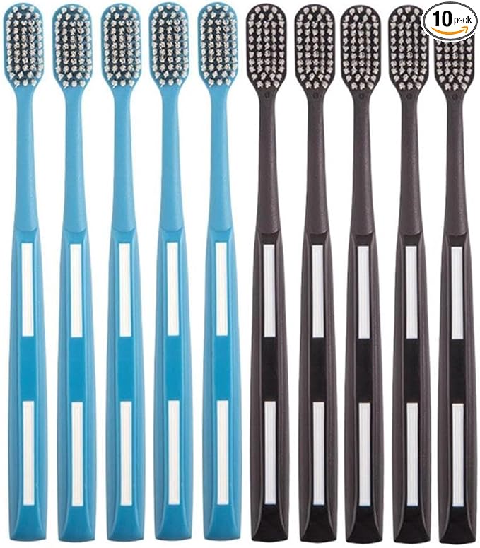 Adult Manual Medium Hard-bristled Toothbrushes with Cover Wide Head Medium SizeHard Blue and Black Toothbrush 10 Count (1 Pack)