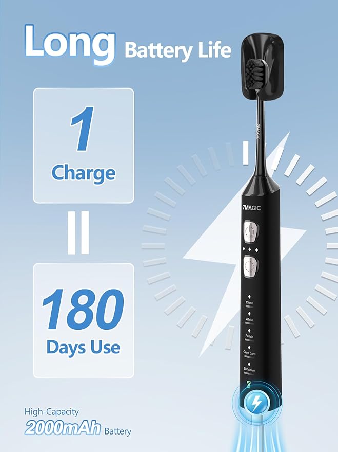 7MAGIC Black Sonic Electric Toothbrush Bundle with Genuine Brush Heads for Deep Cleaning 2-Pack