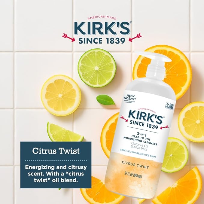 Kirk's 3-in-1 Head to Toe Nourishing Liquid Cleanser- for Men Women &amp Children - Premium Coconut Oil &amp Aloe Vera- Non GMO &amp Vegan - Citrus Twist - 32 Fl Oz. - 2 Pack
