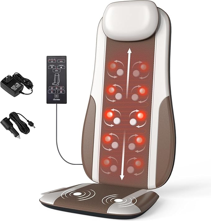 Shiatsu Back Massager with Heat Massage Chair Pad Seat Cushion for Stress Relief Deep Tissue Kneading &amp Roller 2 Vibration Motors Back Waist Hip Massager PU Leather with 2 Adapters