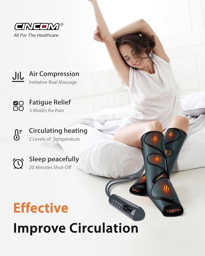 CINCOM Leg Massager with Heat and Compression Legs Massage for Circulation and Pain Relief Heating Calf Leg Air Compression Massager Help with Relief Edema