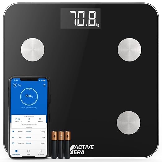 Active Era Digital Bathroom Bluetooth Scales Weight and Body Fat - Fit Track Scale Calculates BMI Body Fat Percentage Muscle Mass - Apple Health Google Fit &amp Fitbit Compatibility (Black)