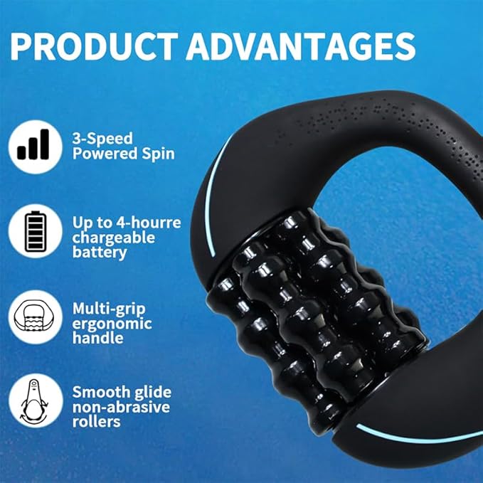 Electric Deep Tissue Massager 3-Speed Rolling Percussive Muscle Roller with Hands-Free Base - Rechargeable Portable Massage for Legs Back Shoulders - Recovery Tool for Athletes &amp Runners
