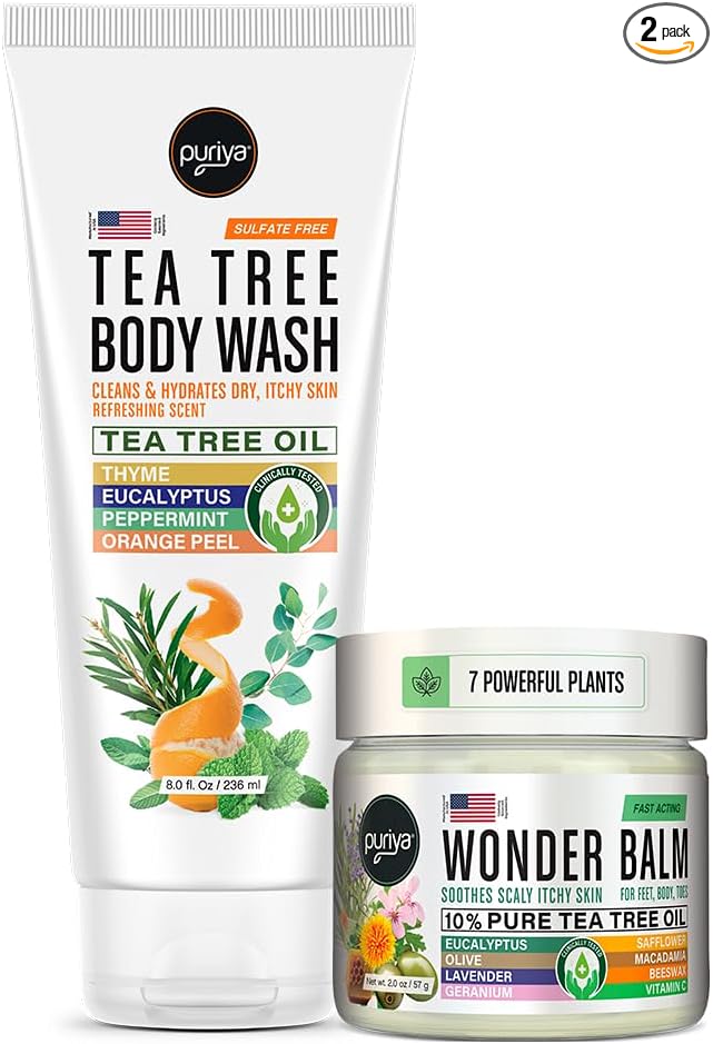 Puriya Tea Tree Oil Wonder Balm and Body Wash for Men Women Bundle Set Physician Formulated Extra Strength Soap Doctor Approved Extra Strength for Athletes Itchy Foot Jock Itch Fast Acting