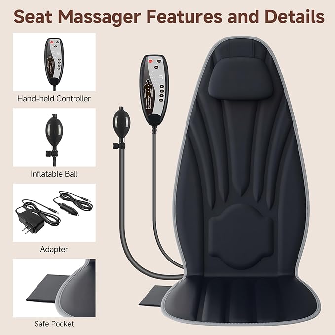 SLOTHMORE Back Massager with Heat Seat Massager for Full Back with 8 Vibrating Motors and 2 Heat Levels Massage Chair Pad with Lumbar Support Suitable for Office/Home/Gift