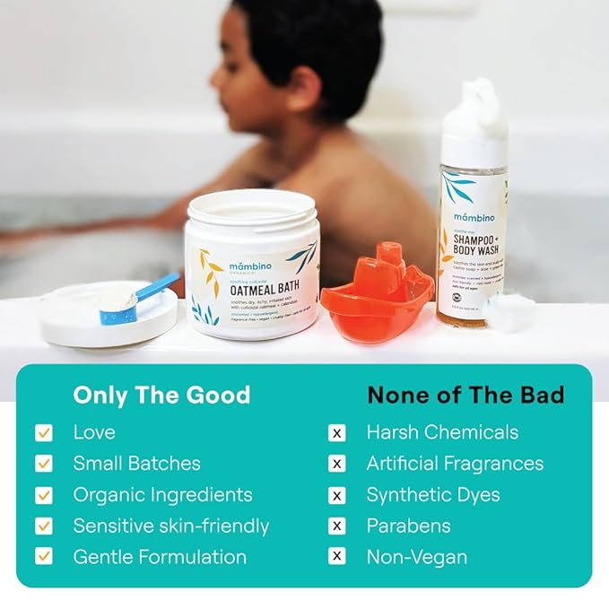 Mambino Organics Soothing Bath Set Organic Oatmeal Bath Soak Soothe Me Shampoo &amp Body Wash and Calming Oil Gentle for Sensitive Skin Vegan Baby Bath Essentials 3-Pack 5.5 oz Each