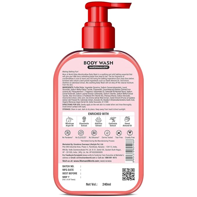 Mom &amp World Kidsy Marshmallow Body Wash No Tears No SLS For Kids Dermatologically Tested pH Balanced 240 ml