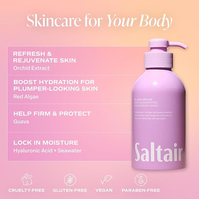 Saltair Body Wash 2-Pack – Moisturizing Body Wash with Hyaluronic Acid &amp Orchid Extract – Scented Shower Gel for Women and Men – Island Orchid Scent 2x 17oz – Vegan Cruelty-Free Paraben-Free