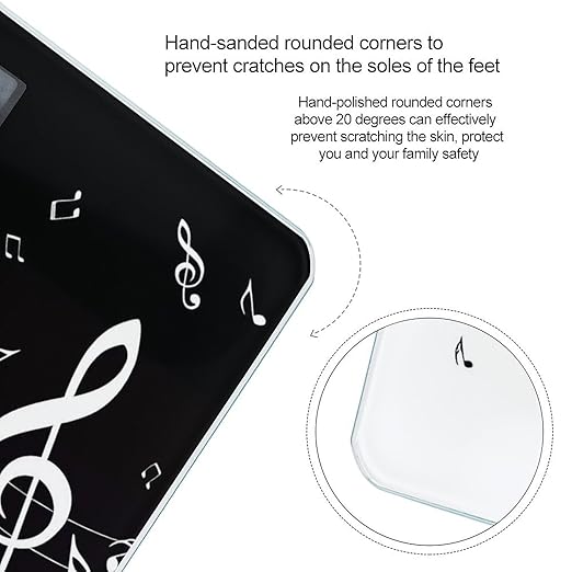 Black White Music Note Scale for Body Weight Anti-Slip Sturdy Tempered Glass Weighing Machine Highly Digital Accurate Bright LCD Bathroom Scale for Household Gift
