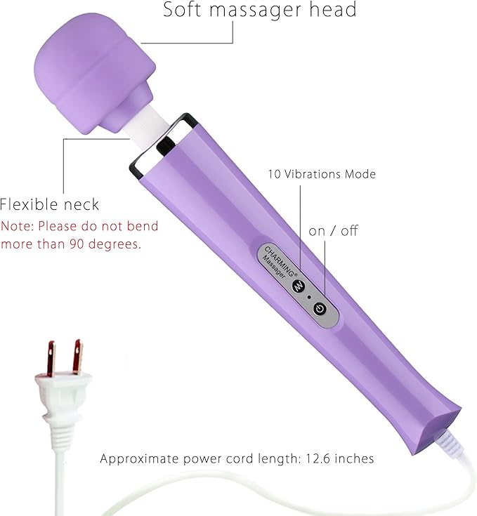 CHARMING Wired Powerful Handheld Back Massager with 10 Speeds Strong Vibration Wand Personal Therapy Massager for Sports Recovery Muscle Aches Body Pain-Light Purple