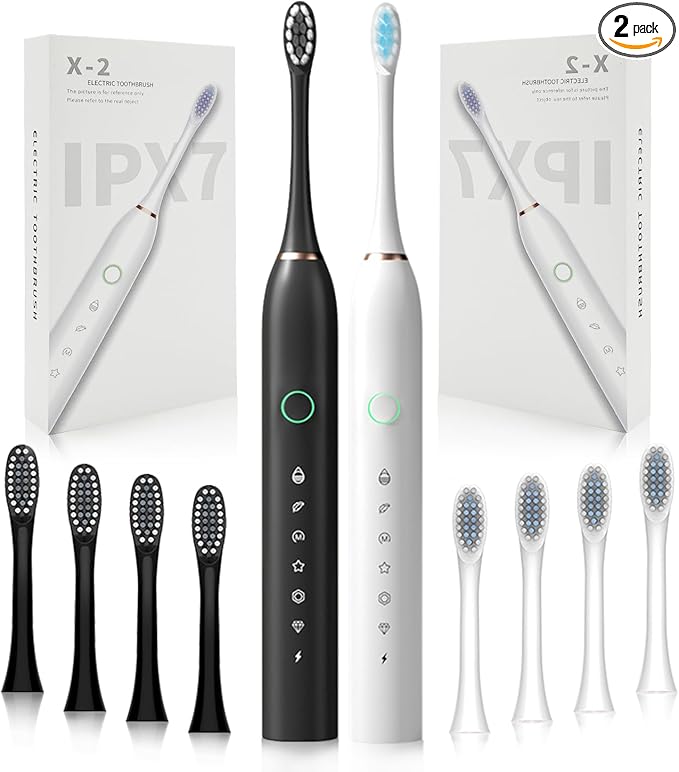 SENWEN 2 Pack Rechargeable Electric Toothbrush with 8 Brush Heads 6 Cleaning Modes Waterproof 2 Minute Timer Black&ampWhite