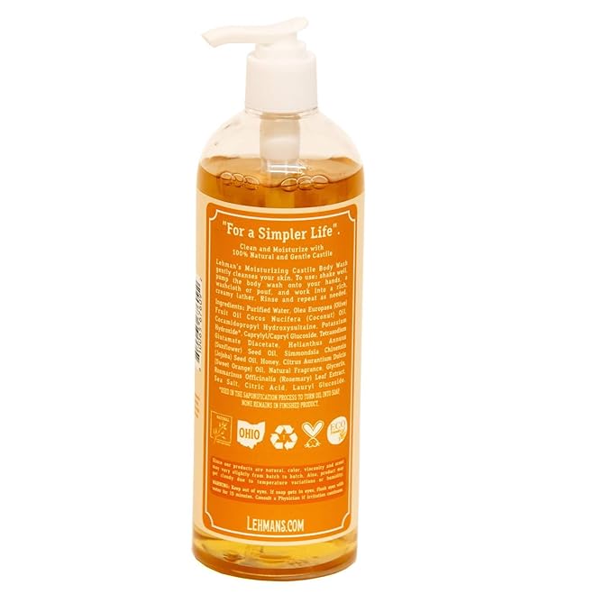 Lehman's Castile Moisturizing Body Wash All Natural Liquid Soap Gently Cleanses Hands Body and Hair 16 fl oz Orange