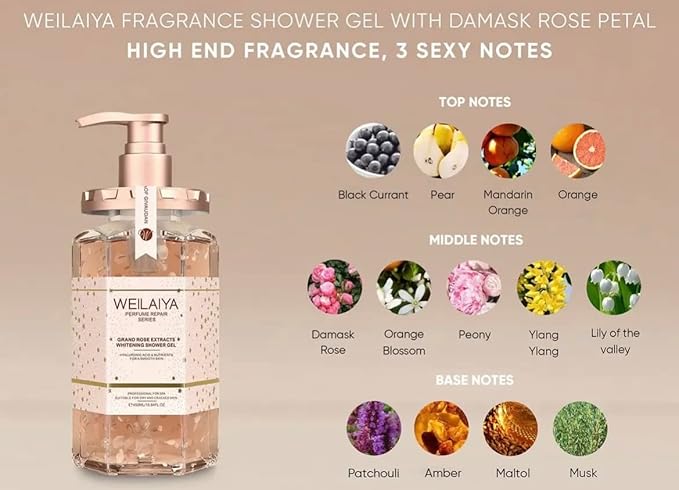 Weilaiya Damask Grand Rose Extract Shower Gel – 450mL / 15.2 fl oz – Moisturizing Body Wash with Natural Rose Essence – Gentle Hydrating Aromatherapy Cleanser for All Skin Types