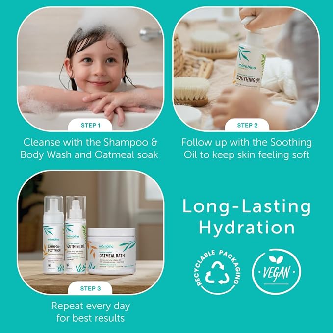 Mambino Organics Soothing Bath Set Organic Oatmeal Bath Soak Soothe Me Shampoo &amp Body Wash and Calming Oil Gentle for Sensitive Skin Vegan Baby Bath Essentials 3-Pack 5.5 oz Each