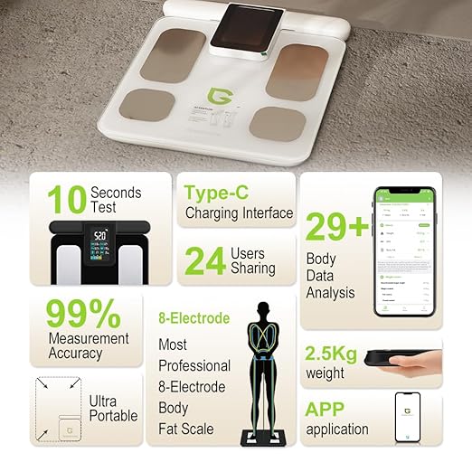 Fitness Body Fat Scales with Hand Sensors 8 Electrodes 29 Body Analysis 180kg Weight Scale Professional Body Fat and Muscle Mass Analyzer with App/Large Display (Black)