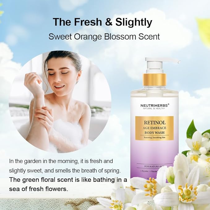 Neutriherbs Retinol Body Wash Anti Aging/Renewing Shower Gel For Women And Men Daily Shower Soap With Peptides Vitamin E Aloe Vera - Orange Blossom Scent 16.9 Fl.Oz