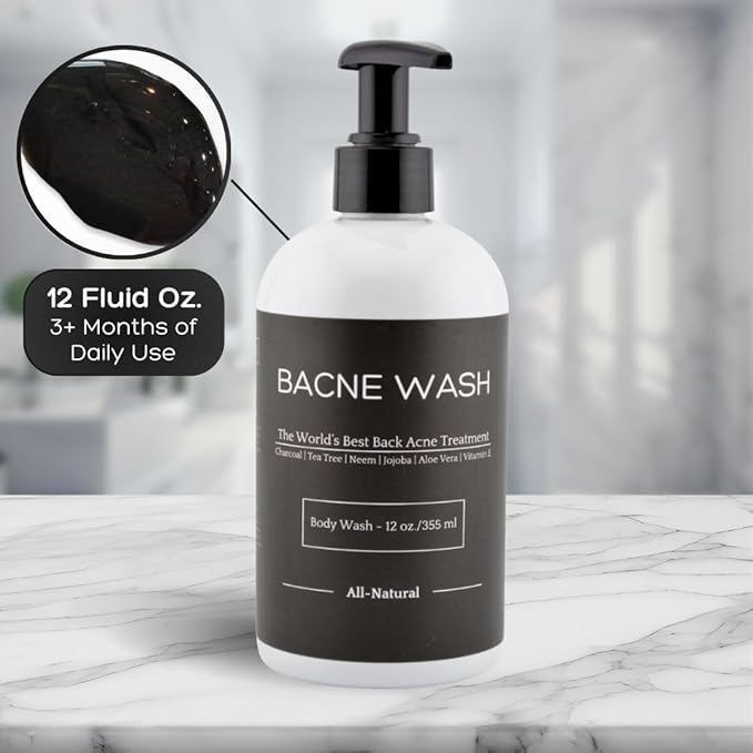Bacne Wash: All Natural Back Acne Cleanser with Charcoal Jojoba Oil Tea Tree Oil Neem Oil Aloe Vera Colloidal Oatmeal and Vitamin E - Body Acne Wash for All Skin Types
