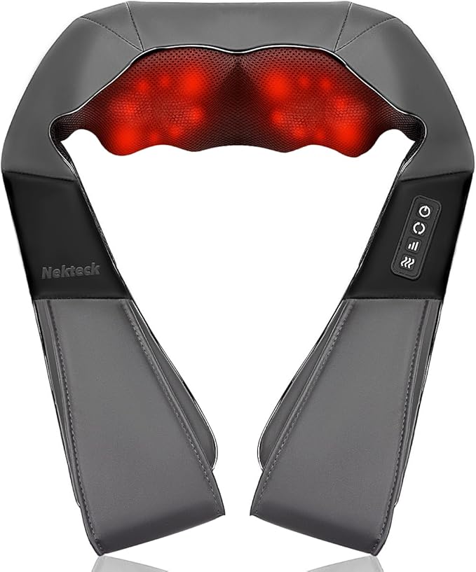 Nekteck Shiatsu Neck Massager with Heat for Pain Relief Deep Tissue 2026 Upgraded 3D Back Shoulder Kneading Massage Pillow Body Muscle Relaxation Tool Gifts for Him Her Mom Dad Gray (NOT Cordless)