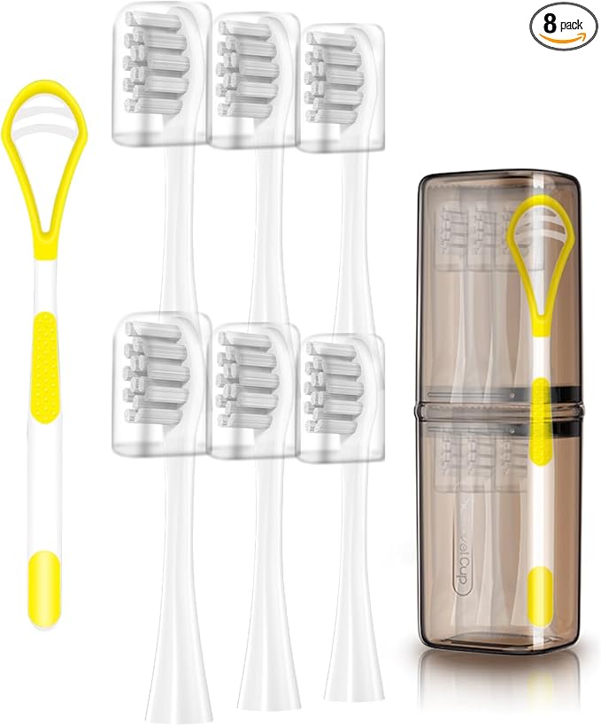 6 Pack Electric Toothbrush Replacement Heads Suitable for Oclean X Pro Elite/X/X Pro/Flow/F1/Air 2-Vacuum-Sealed with Hygienic CapsBonus Tongue Scraper &amp Travel Cup Included-Grey