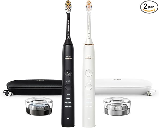 Philips Sonicare DiamondClean Connected Electric Toothbrush 2 Pack x2 Sonic Toothbrushes x2 Charging Travel Cases x2 A3 Brush Heads 12 Brushing Settings (Black and Rose Gold) Model HX9912/71