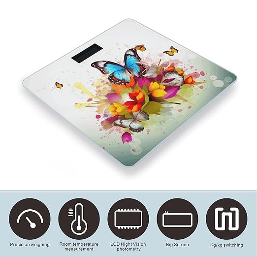 Colourful Butterfly and Floral Scale for Body Weight Sturdy Tempered Glass Weighing Scales with LCD Display Accurate Digital Bathroom Scale Convenient Body Fat Smart Scales 400lb