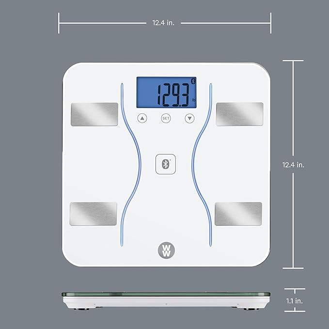 Weight Watchers Scales by Conair Bathroom Scale for Body Weight Glass Digital Scale Body Analysis Measures Body Fat Body Water BMI Bone Mass &amp Muscle Measures Weight up to 400 Lbs White