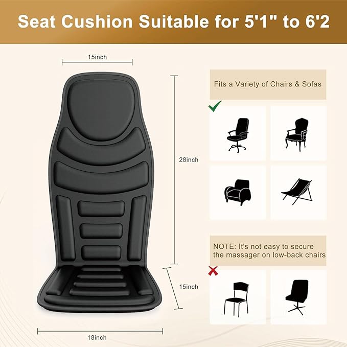 Heated Massage Seat Cushion with Remote Control 8 Vibration Motors Chair Back Massager Heat Therapy Black