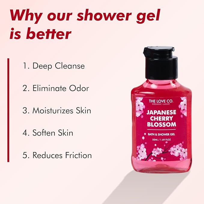 T.H.E. L.OV.E Japanese Cherry Blossom Body Wash | Luxury Body Wash for Women | Organic &amp Vegan | Shower Gel Women | 100% Vegan | Luxury Beauty | Body Skin Care Products 50ml(1.6 fl oz)