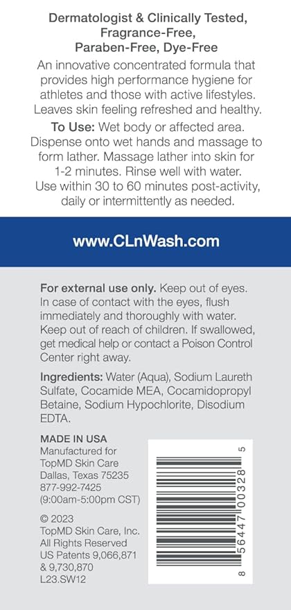 CLn® SportWash – High-Performance Sport Body Wash For Men &amp Women Prone to Body Odor Foot Odor Ringworm Folliculitis &amp Back Acne Fragrance-Free &amp Paraben-Free 12 fl. oz. (Pack of 2)