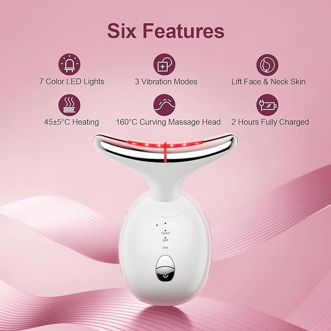 7 in 1 Facial Massager Tool Red - Light Therapy for face and Neck face Lift Device Portable face sculptin with 7 Color Neck Massager for Double - Chin - Reducer.
