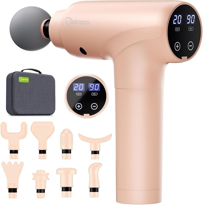 cotsoco Massage Gun Deep Tissue Muscle Massage Gun with 9 Attachment Heads 20 Speeds &amp Silent Brushless Motor for Pain Relief Handheld Percussion Back Massager Gun for Athletes(Pink)