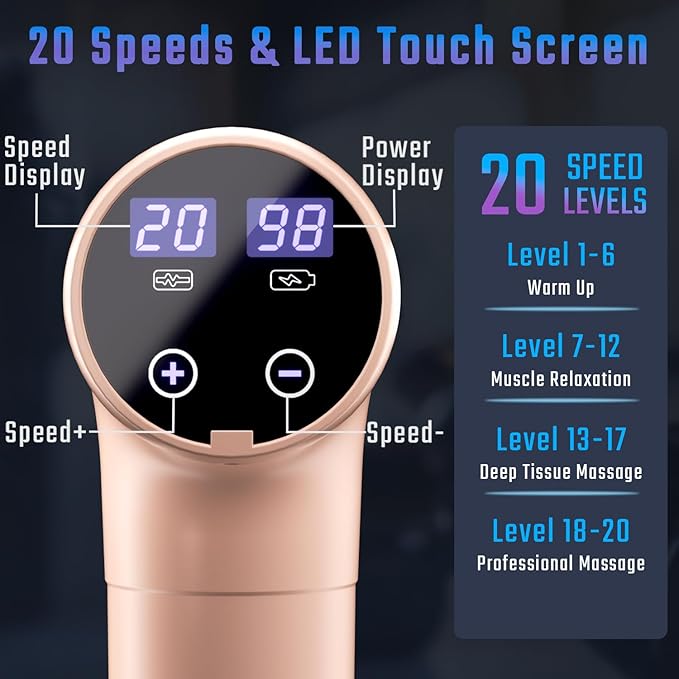 cotsoco Massage Gun Deep Tissue Muscle Massage Gun with 9 Attachment Heads 20 Speeds &amp Silent Brushless Motor for Pain Relief Handheld Percussion Back Massager Gun for Athletes(Pink)