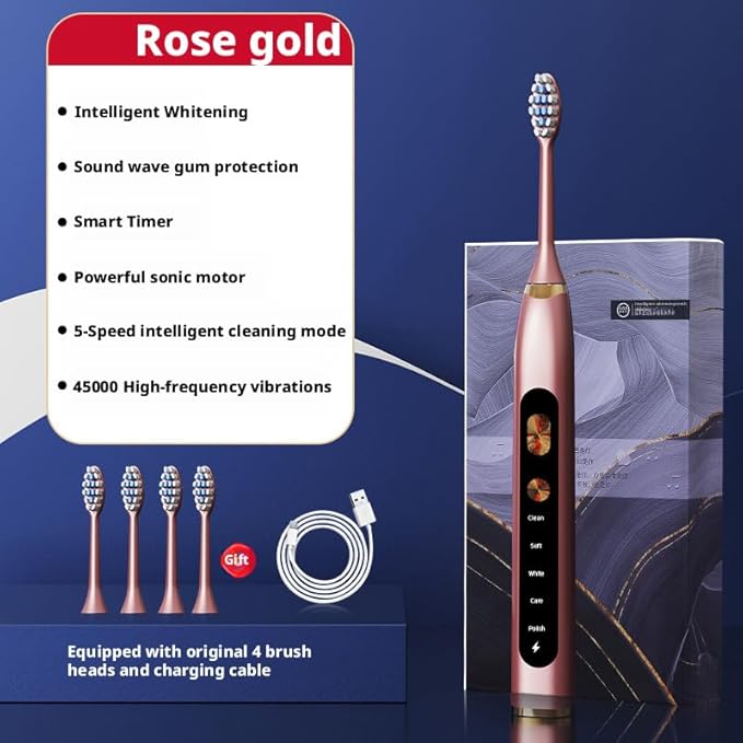 Magnetic Levitation Sonic Adult Electric Toothbrush USB Charging Fully Automatic Vibrating Soft Bristled Toothbrush Provide 5 Cleaning Modes 3 Intensities 4 Soft Brush Heads. (Rose Gold)
