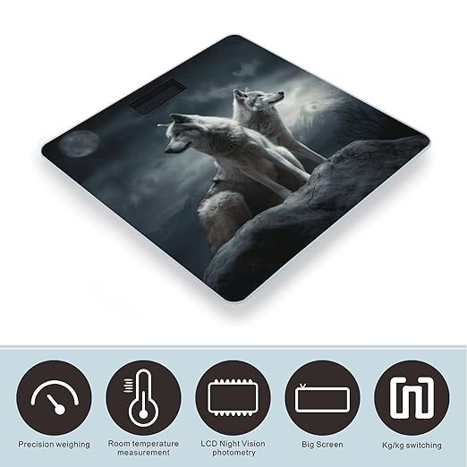 Wolf at Night Bathroom Scale Large LCD Backlight Display Digital Scale Rounded Corners Body Scales Automatic Power On/Off Bathroom Scales for Home Bedrooms