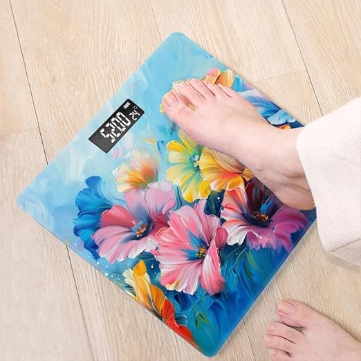 Digital Scale for Body Weight Highly Precision Bathroom Weight Scale 400 lbs with Backlit Display Personalized Scale for Home-Colorful Flower Paintings On Blue Background with Vibrant
