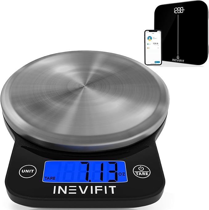 INEVIFIT Smart Bathroom Scale &amp Digital Kitchen Scale Fitness Bundle Complete Body Composition and Nutrition Tracking Solution with Batteries Included