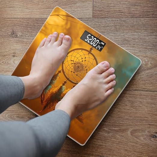Digital Scale for Body Weight Highly Precision Bathroom Weight Scale 400 lbs with Backlit Display Personalized Scale for Home-Dreamcatcher Hanging in The Air with Orange and Blue Background