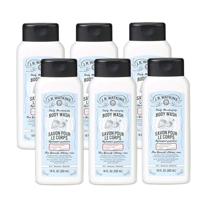JR Watkins Natural Daily Moisturizing Body Wash Coriander &amp Cedar 6 Pack Hydrating Shower Gel for Men and Women Free of SLS USA Made and Cruelty Free 18 fl oz